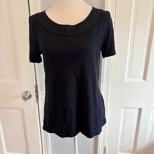 Talbots Women S Shirt Black Short Sleeve Cotton Modal Scoop Neck Crochet Detail